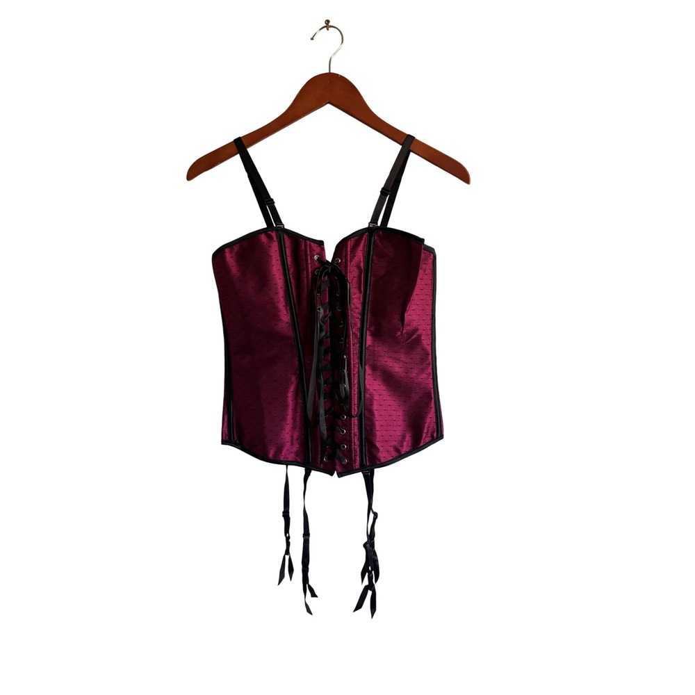 Burgundy Satin Heart Mesh Corset Top Lace Up Garter Bustier Burgundy Black